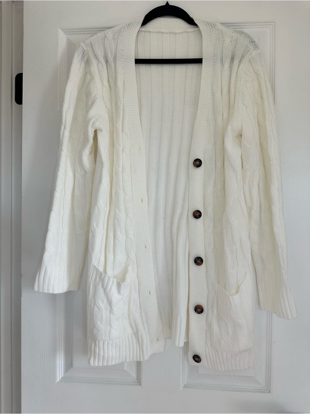 Ivory Cable Knit Long Cardigan Size L Button Front Pockets